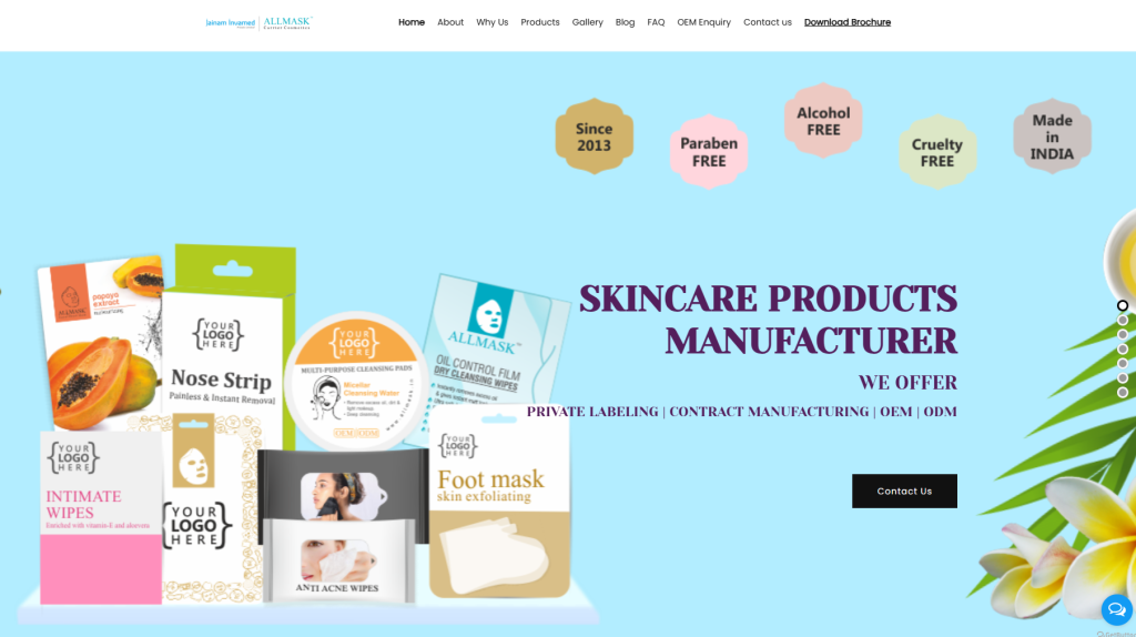 ALLMASK is an India-based private label and OEM manufacturer known for cost-effective, GMP-certified skincare production. They offer customized solutions, low MOQs, and scalable production capabilities, making them a trusted partner for brands looking to launch and grow efficiently.