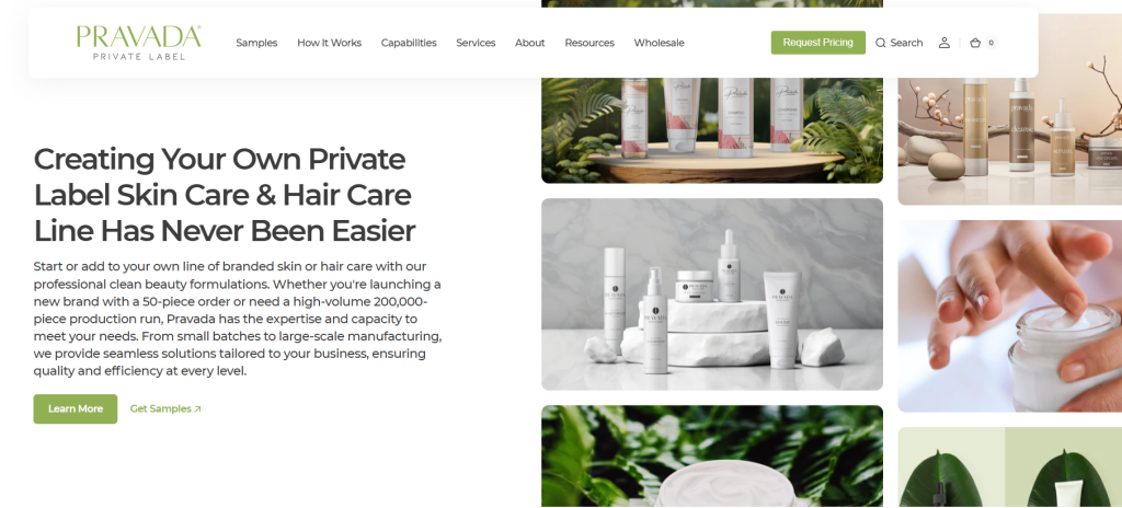 Pravada, a Florida-based manufacturer, specializes in organic, cruelty-free face mists with over 300 ready-to-sell formulas, offering low MOQs and full-service branding support, ideal for small and growing beauty brands.