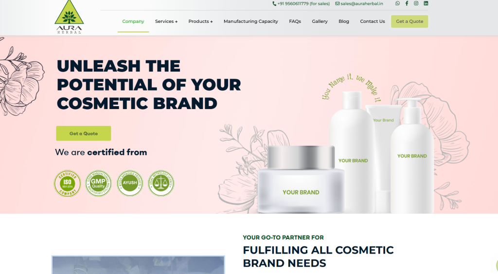 Aura Herbal specializes in clean, ayurvedic private label manufacturing with flexible MOQs, in-house design, and export support—making it a trusted partner for startups launching natural, herbal, or wellness-inspired beauty products.
