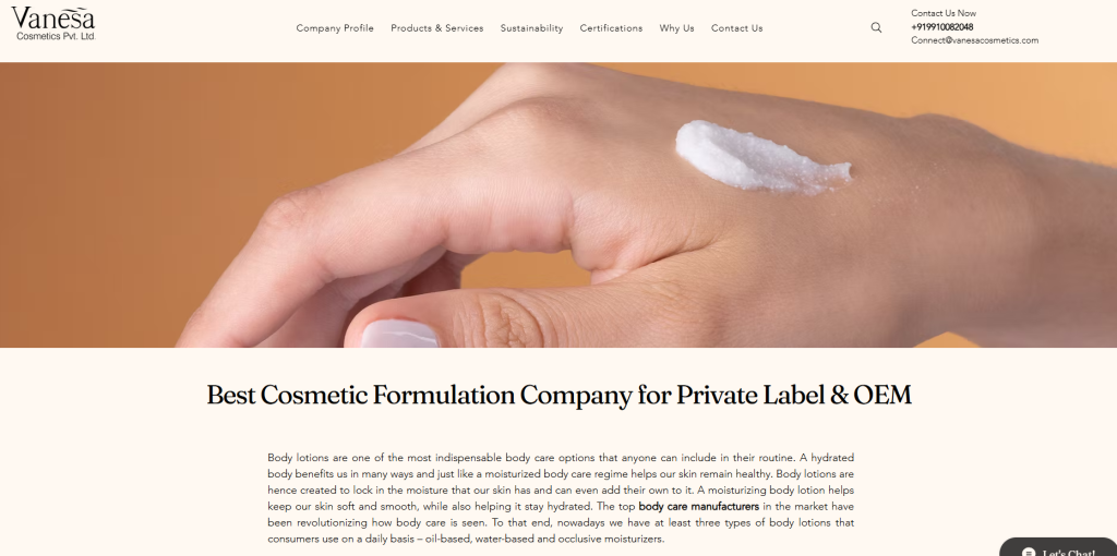 Vanesa Cosmetics is a legacy Indian manufacturer with over 50 years of experience, offering full-service private label solutions in body care, cosmetics, and fragrance—ideal for beginners seeking flexible MOQs, in-house design, and export-ready support under one trusted roof.