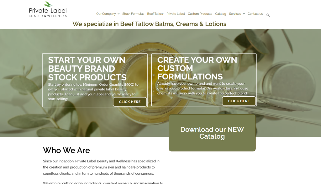 Private Label Beauty and Wellness, located in Clearwater, Florida, specializes in natural and organic face care with a unique focus on beef tallow-based skincare. Their low MOQ private label options, custom formulations, and in-house branding support make them a preferred partner for emerging and established skincare brands.