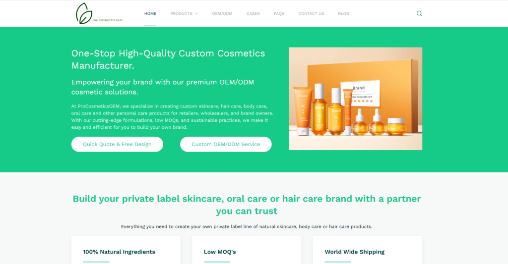 ProCosmeticsOEM is a U.S.-based private label skincare manufacturer offering custom formulation, low MOQs, and full branding support. With GMP-certified production, sustainable manufacturing practices, and global shipping, they provide high-quality, market-ready face care solutions for emerging and established beauty brands.