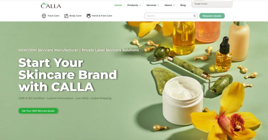 CALLA is a China-based private label skincare manufacturer with patent-backed R&D, low MOQs, and GMP-certified production—ideal for startups seeking clinically formulated, customizable PDRN products like single-dose serums, masks, and peptide ampoules built on scientific innovation.