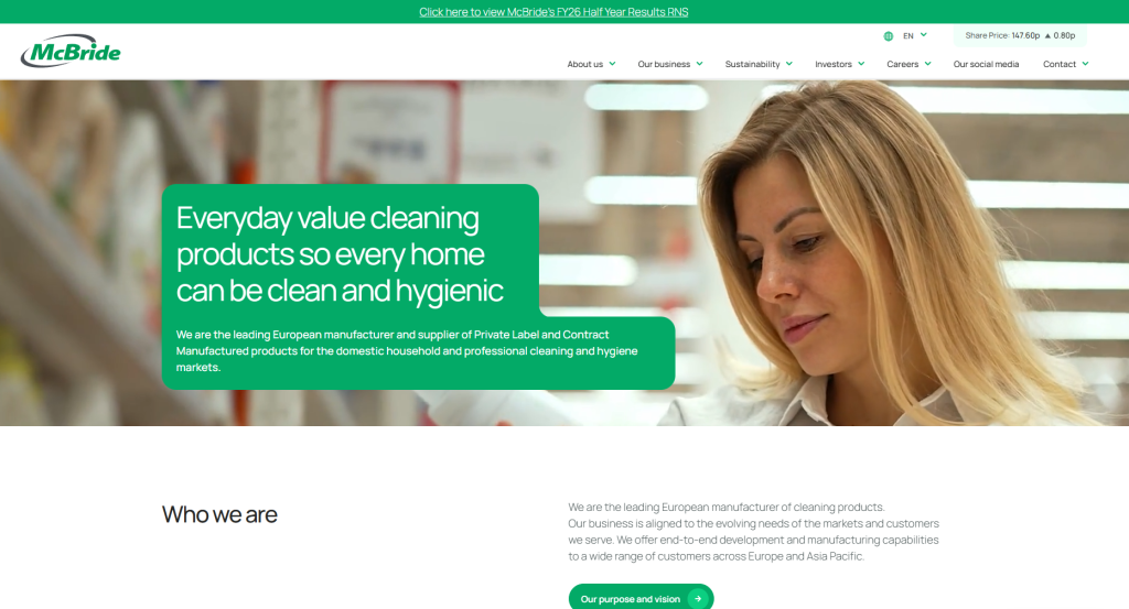 McBride is one of Europe's largest private label manufacturers, supplying personal care and consumer products to major retailers throughout the region. The company is particularly recognized for its expertise in retailer-focused manufacturing and large-scale production efficiency.