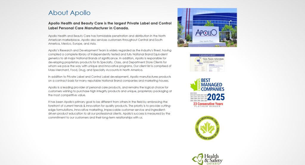 Apollo Health & Beauty Care is a Canadian contract manufacturer specializing in skincare, personal care, and beauty product development for brands across North America.