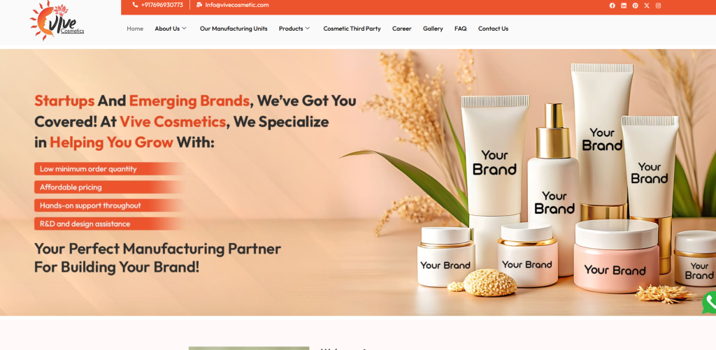 Vive Cosmetics is an India-based cosmetic manufacturer specializing in private label, custom formulation, and third-party manufacturing services for skincare and beauty products. The company works with brands to develop and manufacture products through flexible customization options and tailored production solutions.